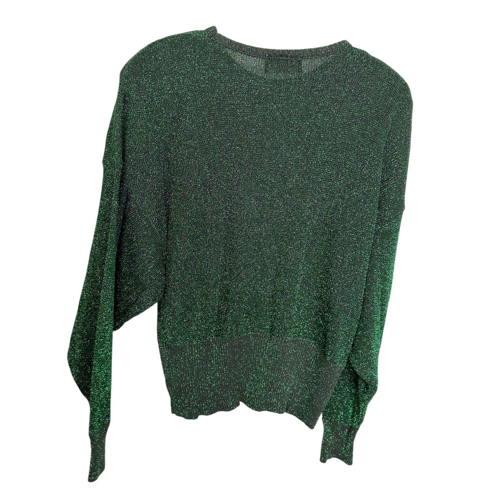 Pierre Cardin L Green Metallic Knit Dolman Sleeve Sweater Vintage Disco Glam